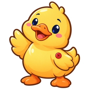 The BigDuck18 mascot: a cheerful yellow duck waving, with a red sewing button